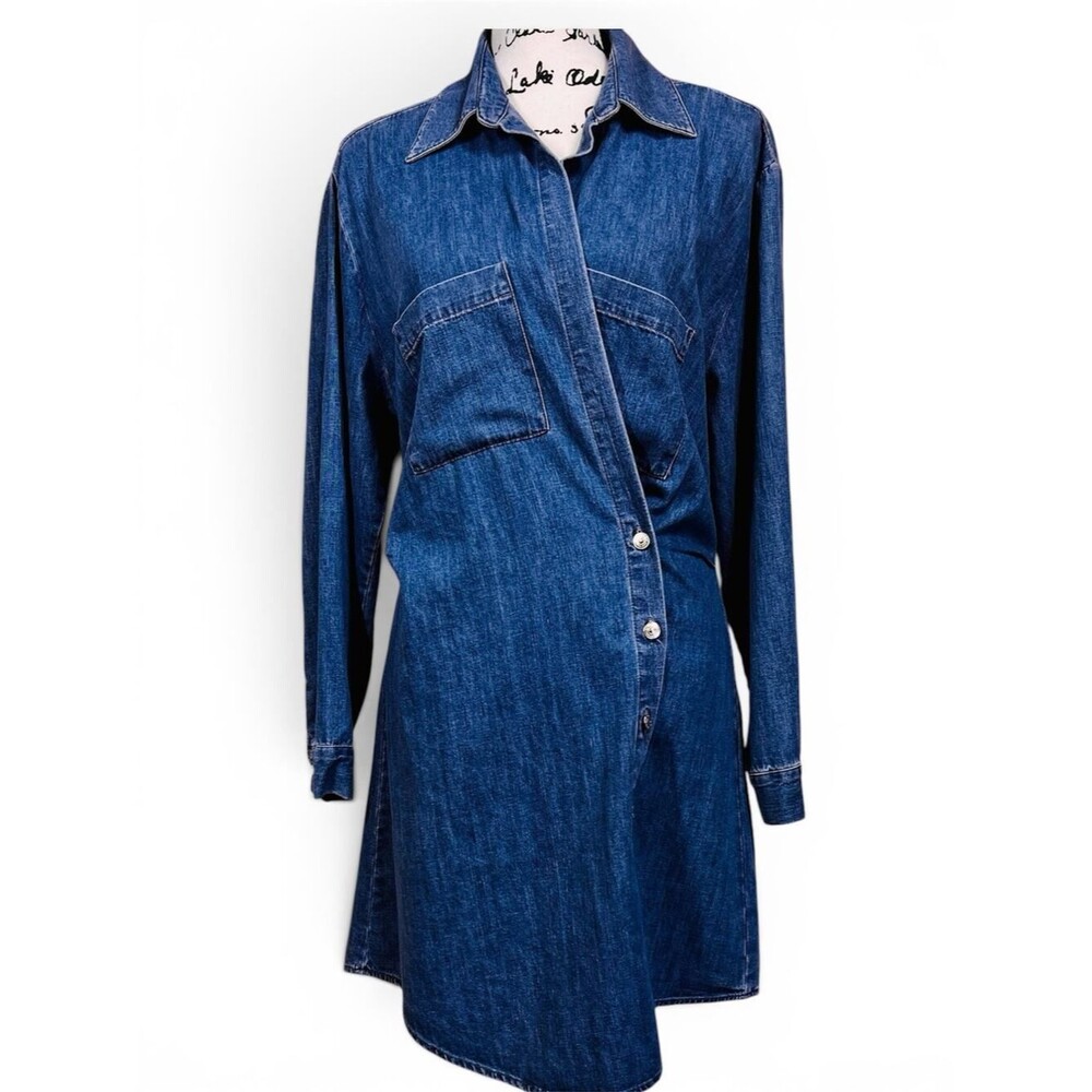 ZARA Asymmetrical Wrap DENIM Blue Dress Size M long sleeve collar size M